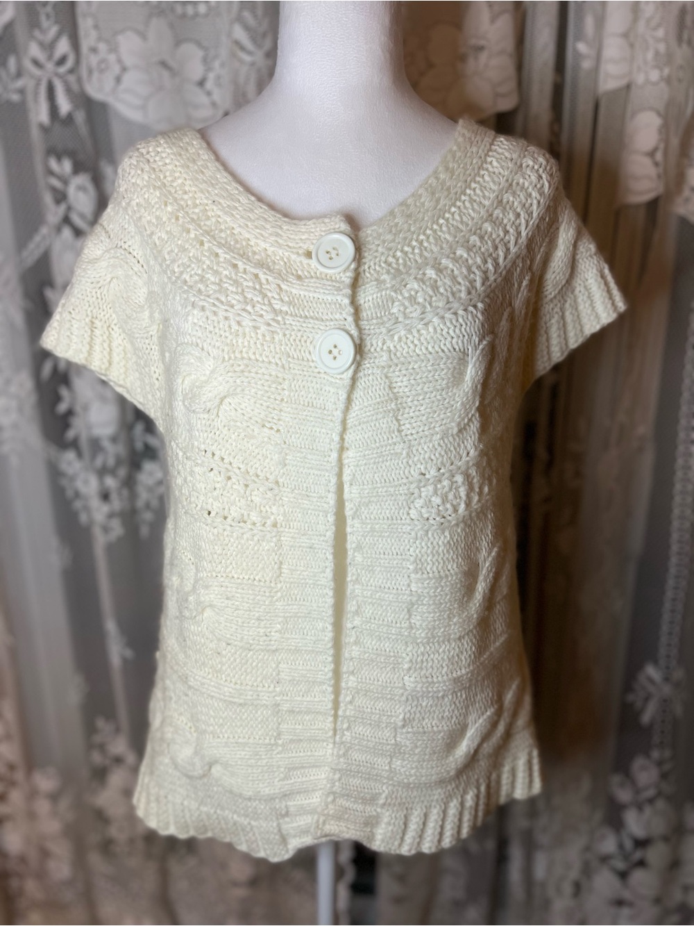 Made in Italy Wool Blend Cream Cable-Knit Short Sleeve Cardigan Sweater XL